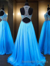 A-Line/Princess Jewel Sweep Train Tulle Evening Prom Dresses With Beading